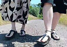 German Mature Barefoot in Birkenstocks for Outdoor Feet Fetish