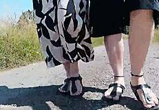 German Mature Barefoot in Birkenstocks for Outdoor Feet Fetish