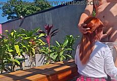 innocent redhead teen spreads panties in garden for first outdoor doggystyle pounding
