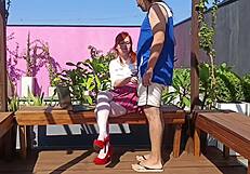 innocent redhead teen spreads panties in garden for first outdoor doggystyle pounding
