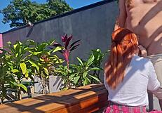 innocent redhead teen spreads panties in garden for first outdoor doggystyle pounding