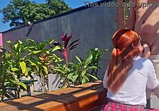 innocent redhead teen spreads panties in garden for first outdoor doggystyle pounding