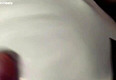 Milf in Pantyhose Heels Teases Big Ass Tits with Messy Cum Mouth Blowjob