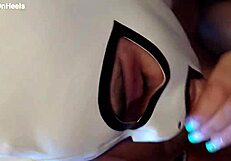 Milf in Pantyhose Heels Teases Big Ass Tits with Messy Cum Mouth Blowjob