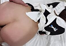 Petite big ass brunette cleaning lady bends over hotel bed for bareback doggystyle creampie on pussy