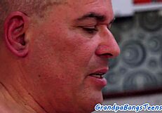 oh man this bigtit babe with long legs and tattoos rides grandpa cock in every pose shaved pussy gripping tight