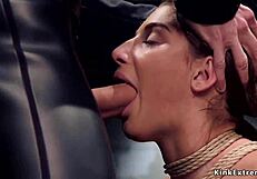 gagged bound teen 18+ slave chokes on monster cocks in rough anal threesome