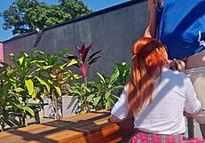 innocent redhead teen spreads panties in garden for first outdoor doggystyle pounding