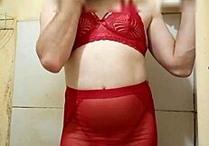 Lingerie crossdresser flashes her tiny cock