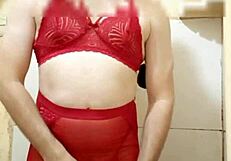 Lingerie crossdresser flashes her tiny cock