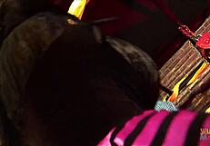 Erotic blonde milf with big fake tits and stockings rides huge cock in anal threesome with shaved pussy.