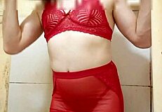 Lingerie crossdresser flashes her tiny cock