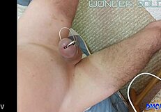 Handsfree Estim Orgasm from Bound Monster Cock