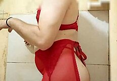 Lingerie crossdresser flashes her tiny cock