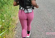 sexy ebony with huge tattooed ass runs alone in forest wearing tight leggings