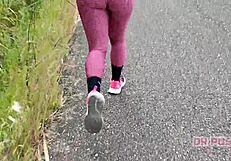 sexy ebony with huge tattooed ass runs alone in forest wearing tight leggings