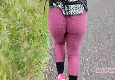 sexy ebony with huge tattooed ass runs alone in forest wearing tight leggings