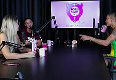 Brunette and blonde strip after sharing mansion stories