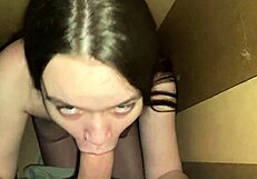 Frightened Stepdaughter's Sloppy Mouth Services Stepdad's Huge Cock in Closet Hideaway