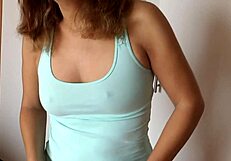 Latin wife masturbates moaning for cock in hairy pussy before cumshot on her big tits