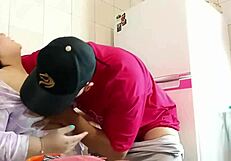 Step-mom whore fucked rough in kitchen while stepsis watches nearby