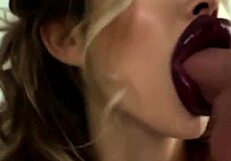 bimbo's deepthroat blowjob ends in facial cumshot with smeared brown lipstick