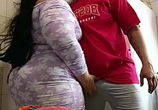 Step-mom whore fucked rough in kitchen while stepsis watches nearby