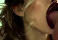 bimbo's deepthroat blowjob ends in facial cumshot with smeared brown lipstick