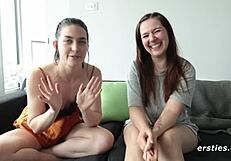 cute brunette films first pussy licking lesbian fingering action