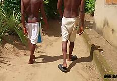 Village amateur bends over kitchen counter for ebony cowgirl ride