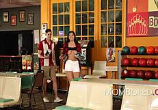bowling alley date turns free use with stepmom and stepdaughter threesome