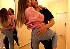 blonde outdoor public amusement park blowjob then quick home standing pussy fuck cum ass