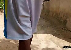 Village amateur bends over kitchen counter for ebony cowgirl ride