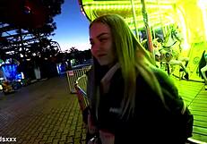 blonde outdoor public amusement park blowjob then quick home standing pussy fuck cum ass