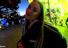 blonde outdoor public amusement park blowjob then quick home standing pussy fuck cum ass