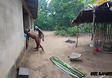 Village amateur bends over kitchen counter for ebony cowgirl ride