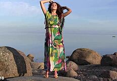 Norma A Spreads Shaved Pussy Fingers Natural Tits Beach Evening