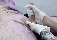 Nurse shaves my groin smooth then jerks me to massive orgasm explosion