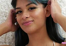 Petite teen 18+ flaunts perfect body in casting interview on sofa for daddy