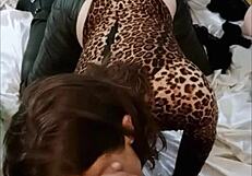 french milf in red satin leopard bodysuit black leather pants heels deepthroats rims doggystyle pov – straight full view!