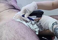 Nurse shaves my groin smooth then jerks me to massive orgasm explosion