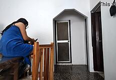 Pervy stepdad strokes hard spying stepdaughter's bathroom tease unaware