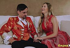 Busty Chesty Ash-Blonde in Taut Pantyhose Deep-Throats Lollipop with Bald Vagina Kinks for Hardcore Titty Fuck and Pussy Lick