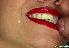 POV Cumshot Lands on Brunette's Smiling Face After Close-Up Swallow