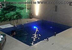 Two blondes and a monster cock bareback threesome splash in the motel pool with friends
