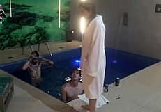 Two blondes and a monster cock bareback threesome splash in the motel pool with friends