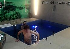 Two blondes and a monster cock bareback threesome splash in the motel pool with friends
