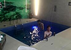 Two blondes and a monster cock bareback threesome splash in the motel pool with friends