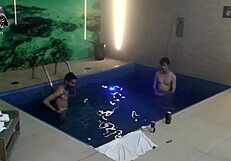 Two blondes and a monster cock bareback threesome splash in the motel pool with friends