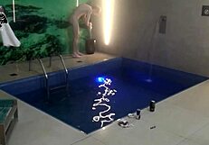 Two blondes and a monster cock bareback threesome splash in the motel pool with friends